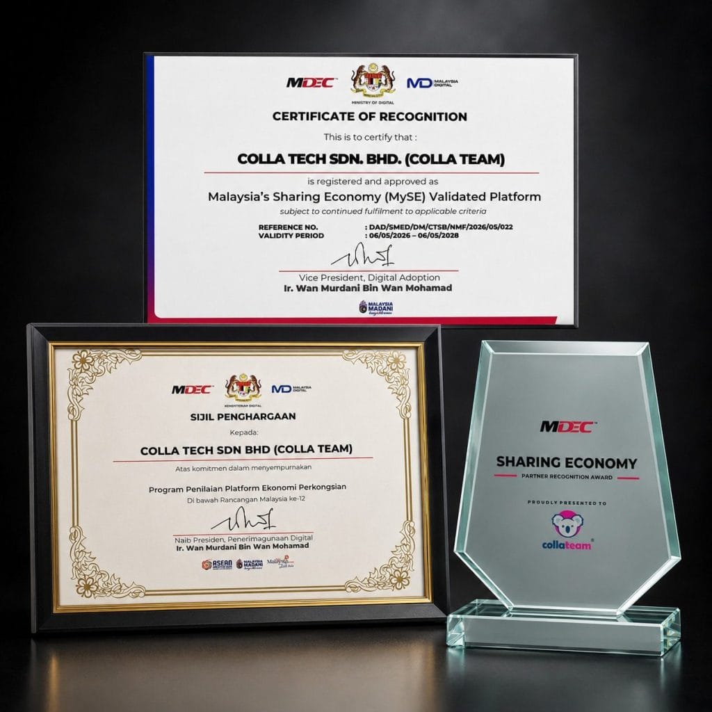 Colla Tech Sdn. Bhd. MDEC certificates and Sharing Economy Partner Recognition Award for Malaysia’s MySE platform validation