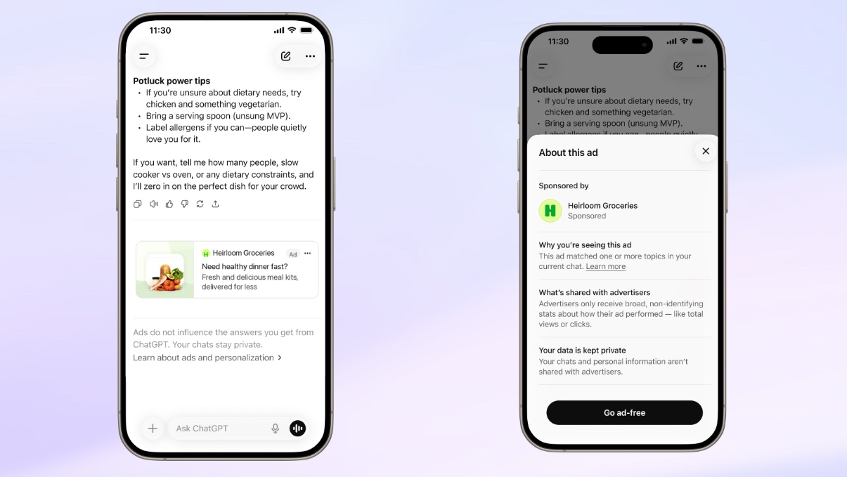 OpenAI's official example of a ChatGPT sponsored ad card below a response, with the About this ad disclosure panel