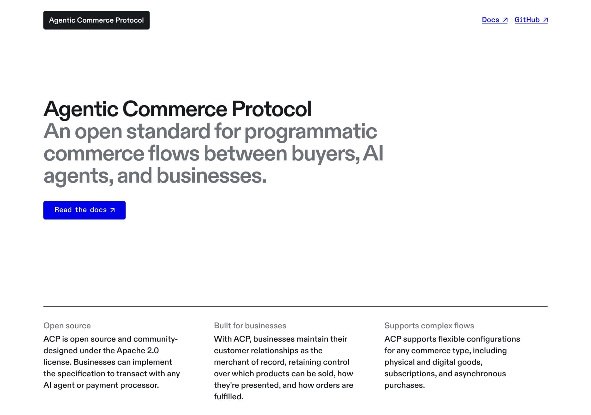 Agentic Commerce Protocol official site, co-developed by OpenAI and Stripe