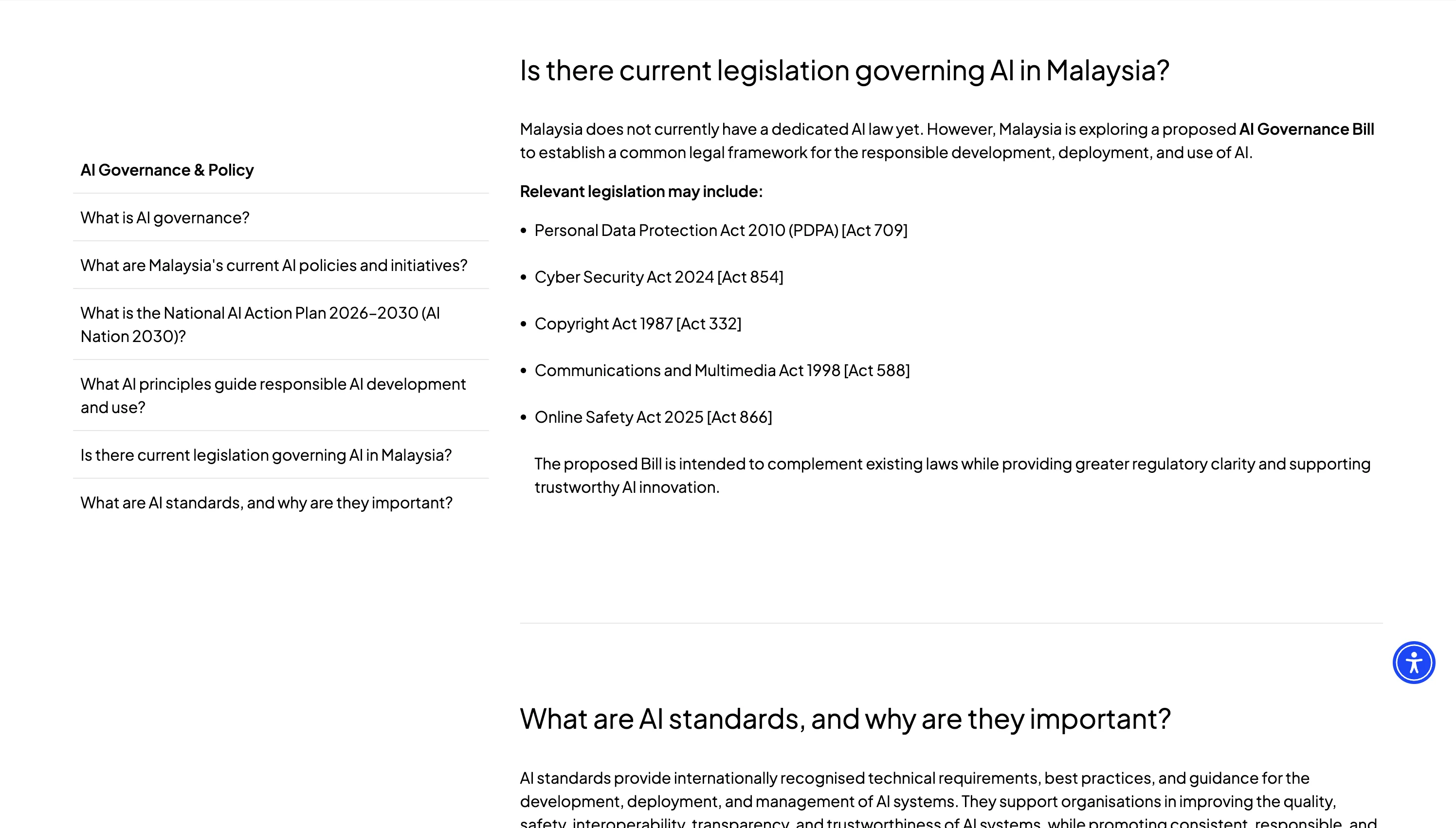 National AI Office FAQ answering whether there is current legislation governing AI in Malaysia, stating that Malaysia does not currently have a dedicated AI law yet but is exploring a proposed AI Governance Bill, and listing the Personal Data Protection Act 2010, Cyber Security Act 2024, Copyright Act 1987, Communications and Multimedia Act 1998 and Online Safety Act 2025
