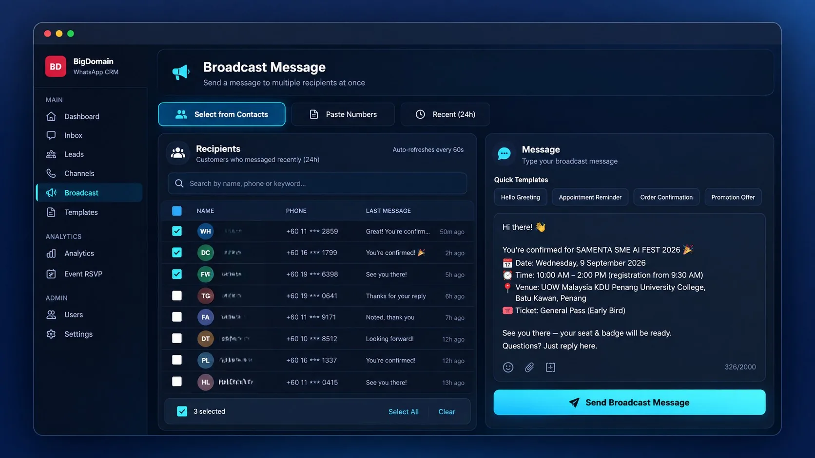 WhatsApp broadcast and blast tool with templates