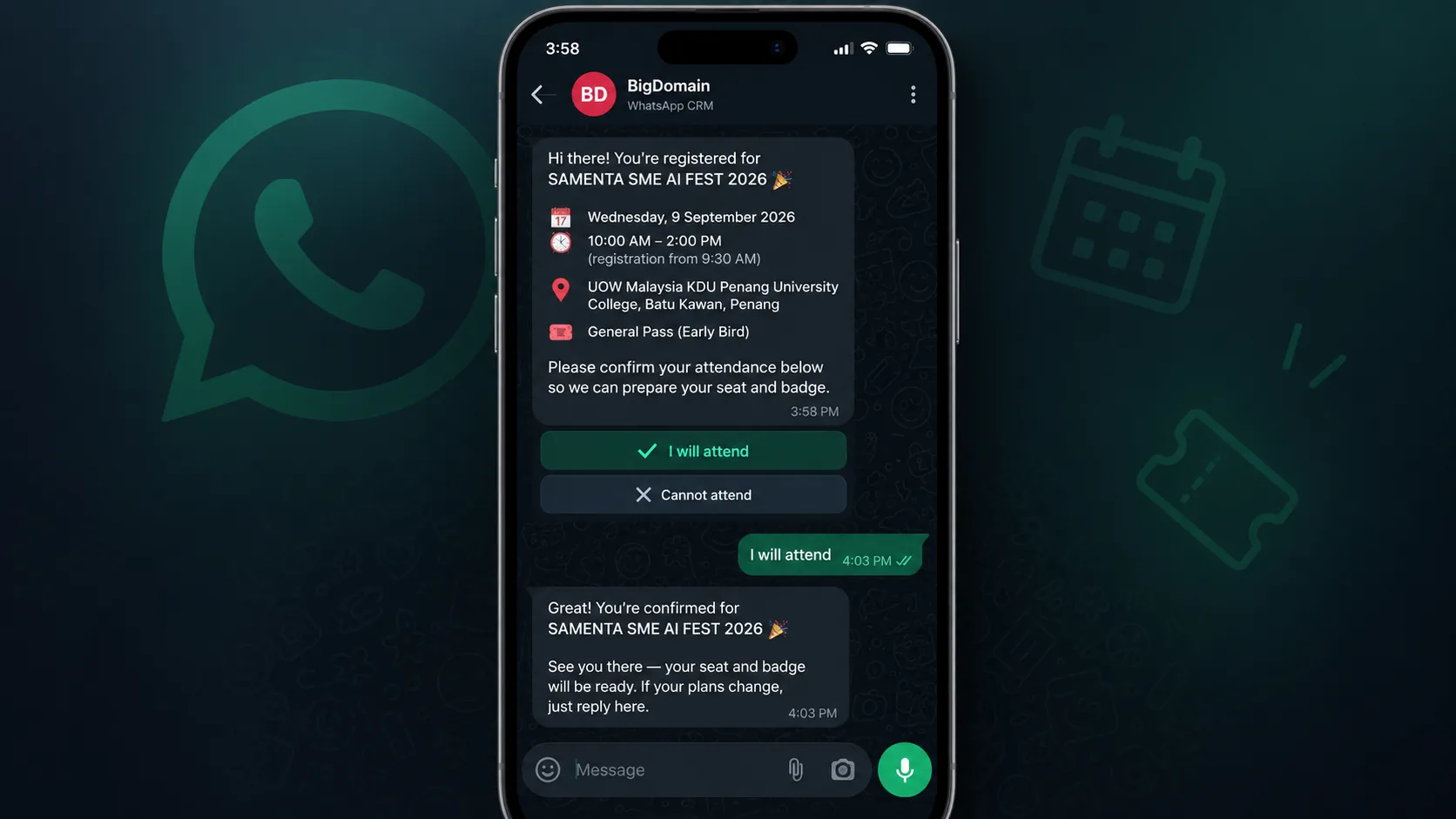 WhatsApp event confirmation flow with attend buttons