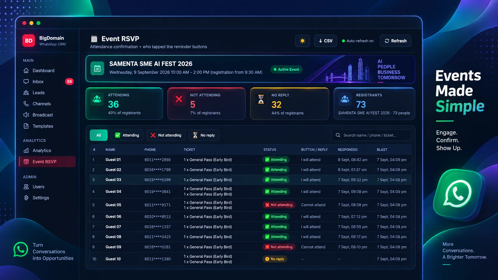Event RSVP attendance dashboard with CSV export and blast