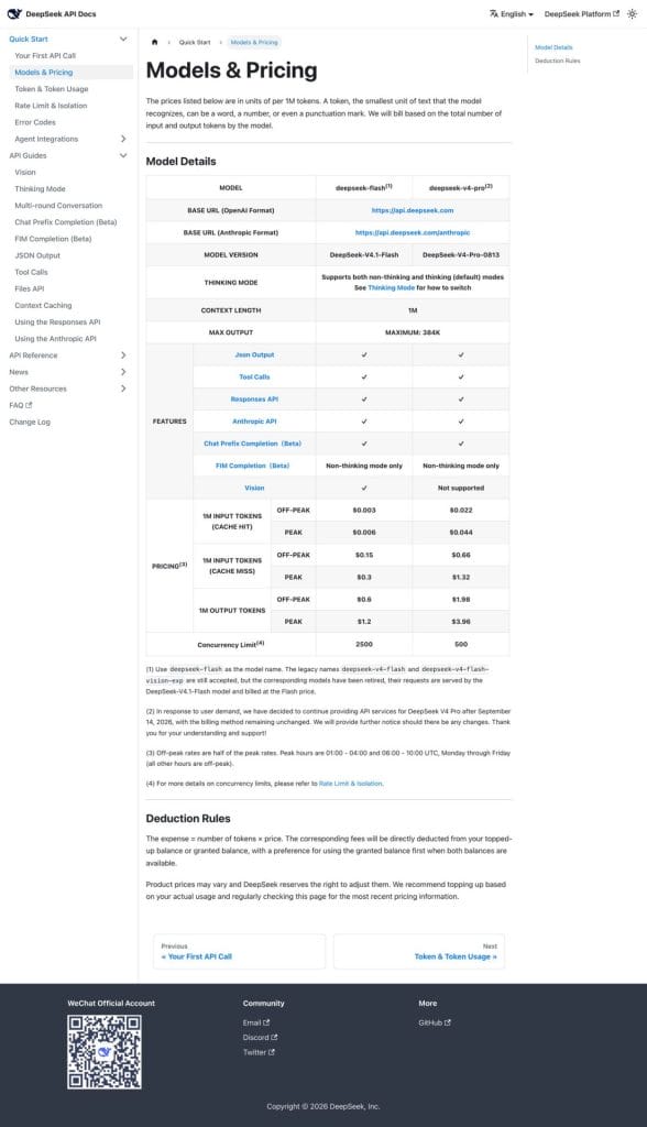 DeepSeek API pricing page showing V4.1 Flash and V4-Pro rates per million tokens