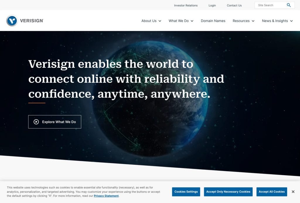 Verisign .com domain name registration page