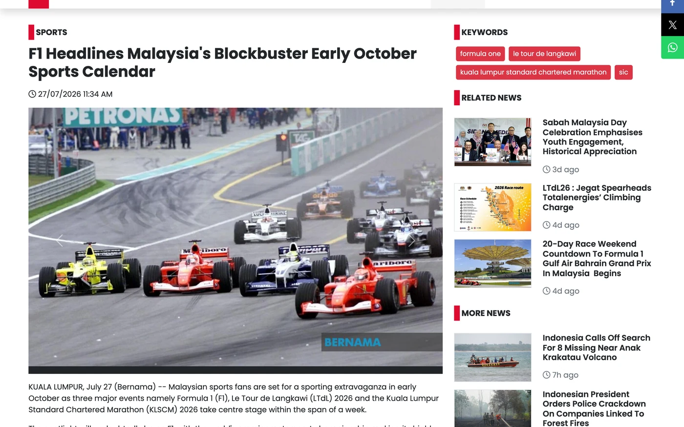 Bernama report headlined F1 Headlines Malaysia's Blockbuster Early October Sports Calendar, listing Formula 1 at Sepang from 2 to 4 October, Le Tour de Langkawi from 27 September to 4 October, and the Kuala Lumpur Standard Chartered Marathon on 3 and 4 October