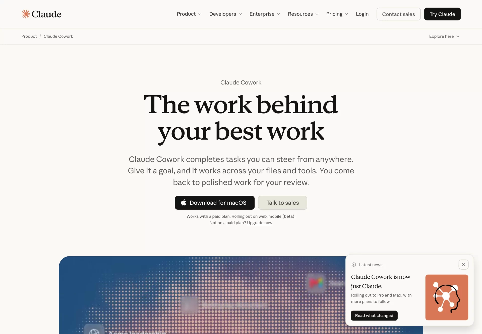Anthropic Claude Cowork product page describing agentic AI for knowledge work
