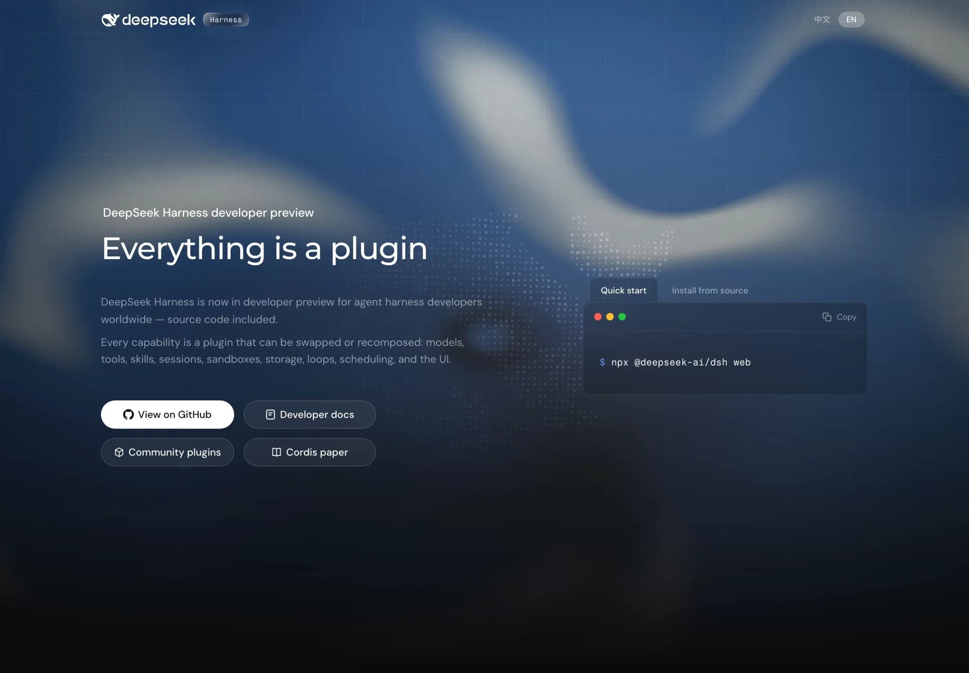 DeepSeek Harness official page with the everything is a plugin tagline
