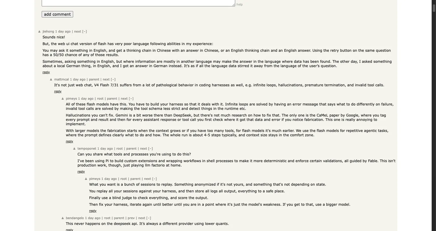 Hacker News comments on DeepSeek V4.1 Flash language following and coding harness behaviour