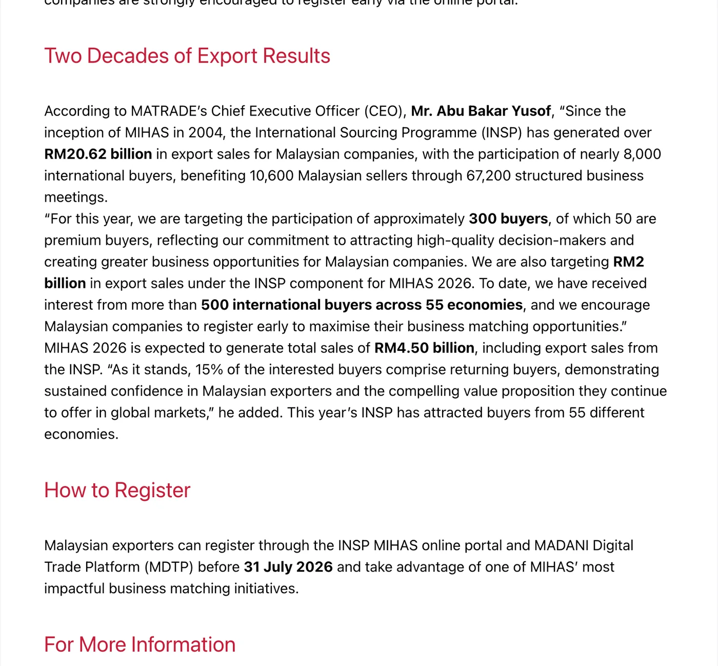 MATRADE media release section headed Two Decades of Export Results, quoting chief executive Abu Bakar Yusof on RM20.62 billion in cumulative INSP export sales, a 2026 target of RM2 billion, about 300 buyers and interest from over 500 international buyers across 55 economies