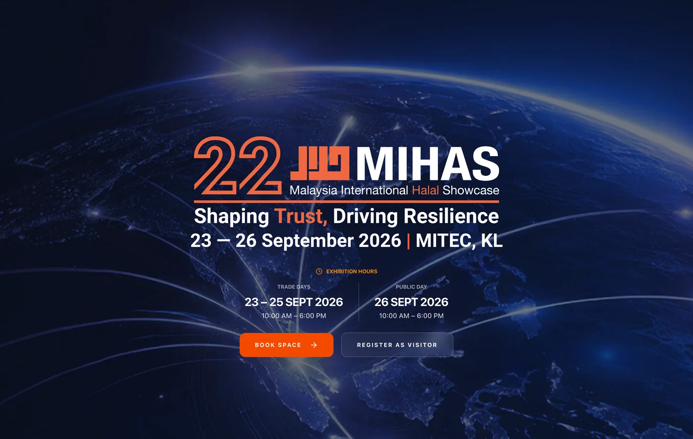MIHAS 2026 banner showing the 22nd Malaysia International Halal Showcase, the theme Shaping Trust, Driving Resilience, the dates 23 to 26 September 2026 at MITEC KL, and separate trade-day and public-day hours