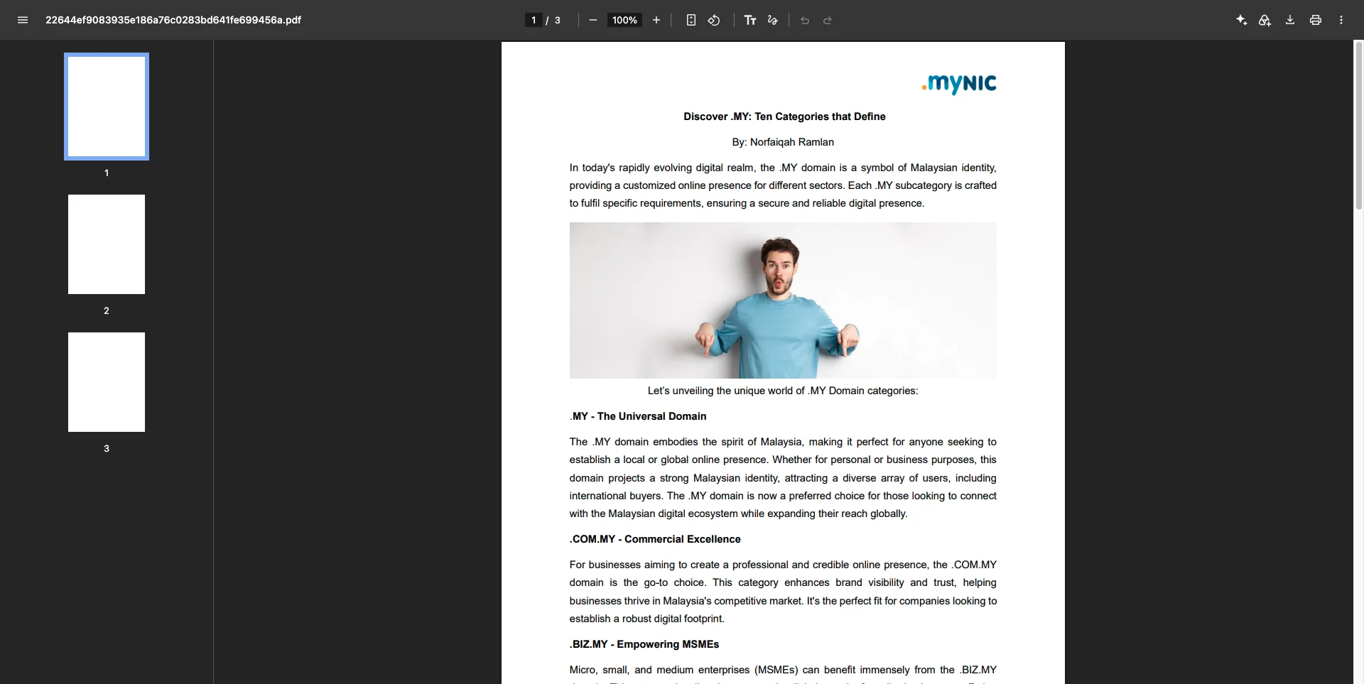 MYNIC publication Discover MY Ten Categories that Define, by Norfaiqah Ramlan, showing the .MY category described as the universal domain perfect for anyone seeking a local or global online presence, followed by .COM.MY Commercial Excellence and .BIZ.MY Empowering MSMEs