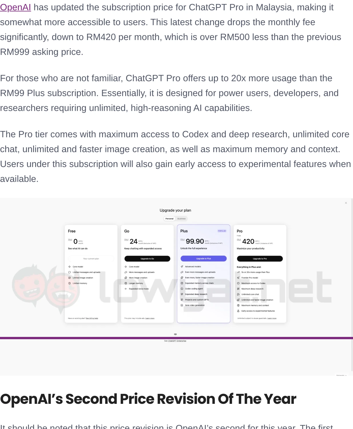OpenAI's Malaysian plan picker showing Free at RM0, Go at RM24, Plus at RM99.90 and Pro from RM420 per month inclusive of VAT
