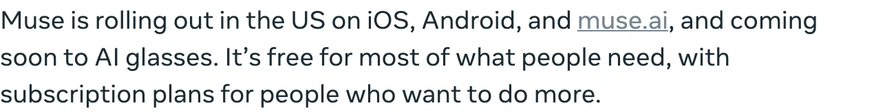 Meta newsroom text stating that Muse is rolling out in the US on iOS, Android and muse.ai, and coming soon to AI glasses