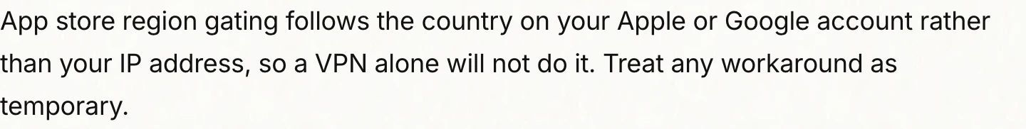 Text explaining that app store region gating follows the country on your Apple or Google account rather than your IP address, so a VPN alone will not work for Meta Muse