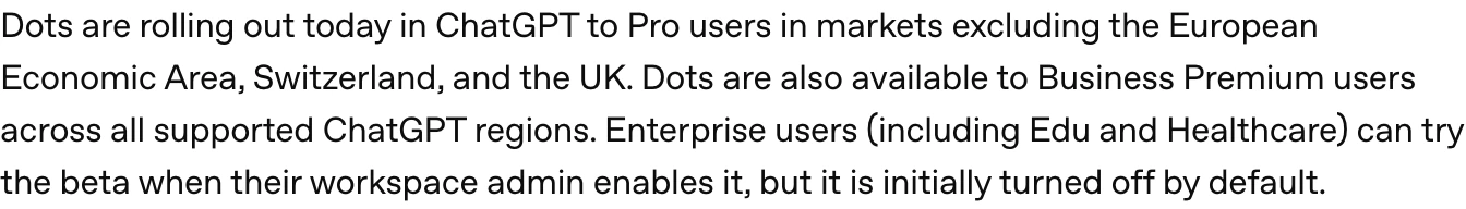 OpenAI help centre text stating that dots roll out to Pro users outside the EEA, Switzerland and the UK and to Business Premium users across all supported ChatGPT regions