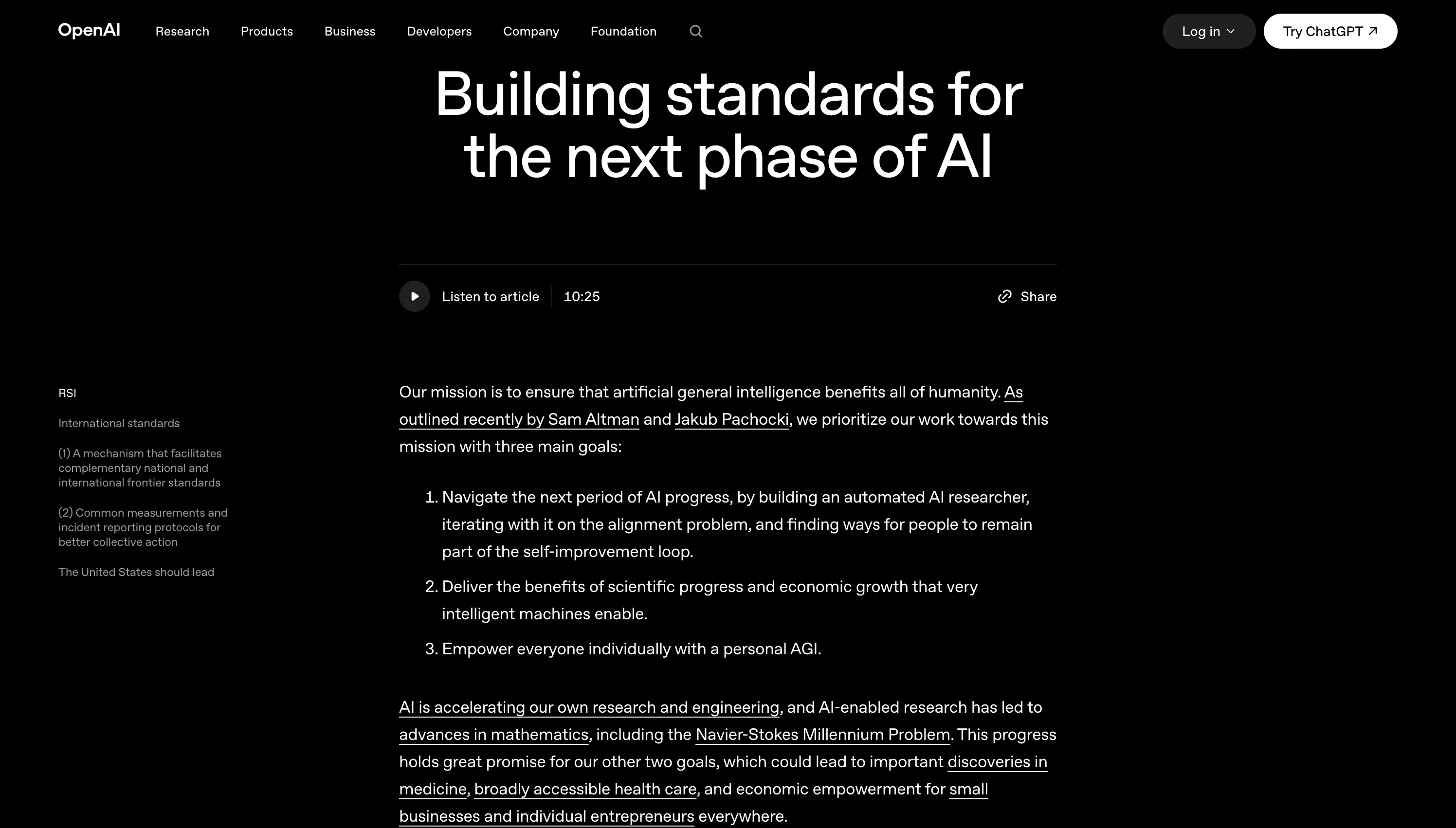 OpenAI policy page headed Building standards for the next phase of AI, with the introduction stating that making continued AI progress safe and beneficial requires both advances in alignment research and shared standards to guide development across labs and countries