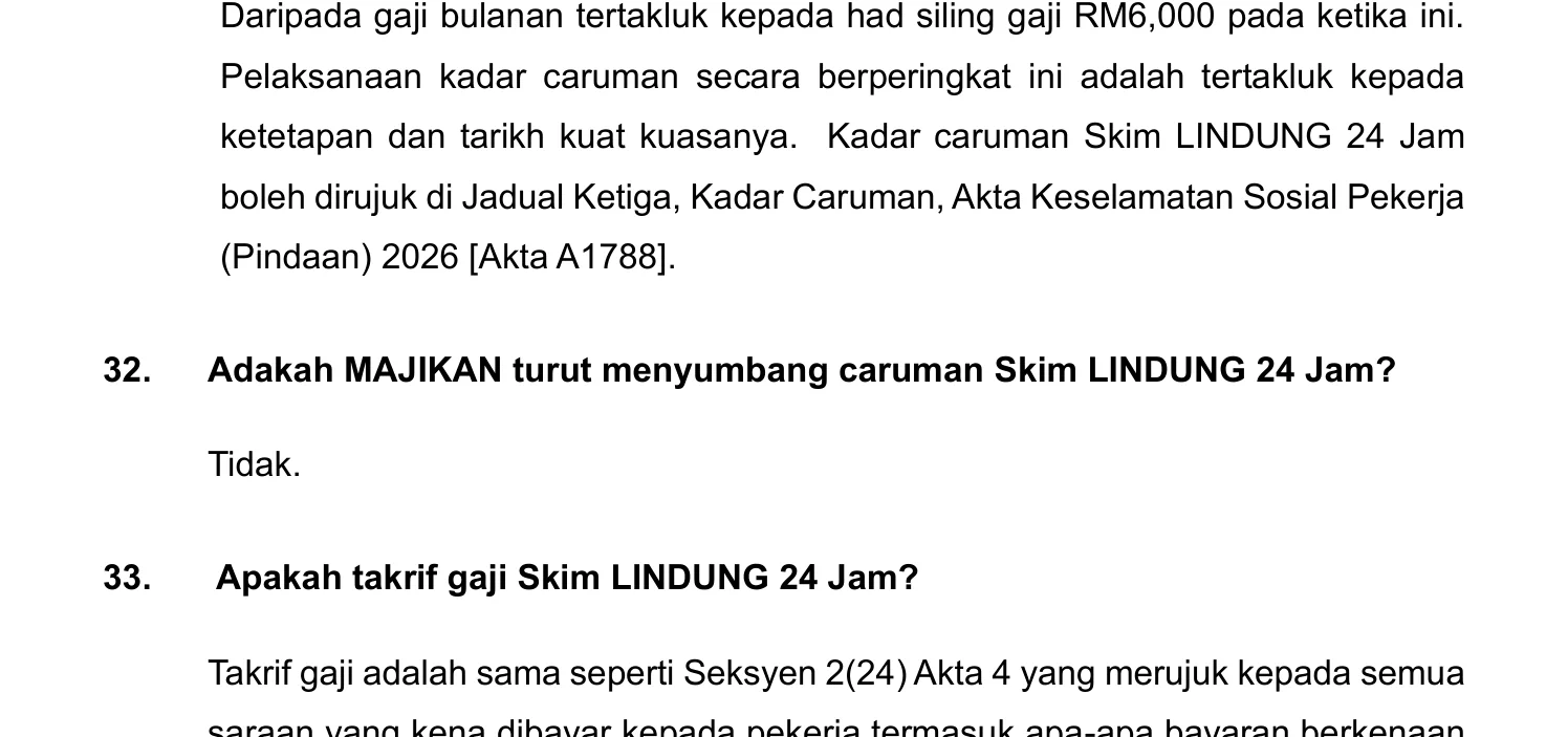 LINDUNG 24 JAM FAQ page 8, showing the end of question 31 with the RM6,000 monthly wage ceiling and the reference to Jadual Ketiga, Kadar Caruman, Akta Keselamatan Sosial Pekerja (Pindaan) 2026 [Akta A1788], followed by question 32 asking whether the employer also contributes and answering Tidak.