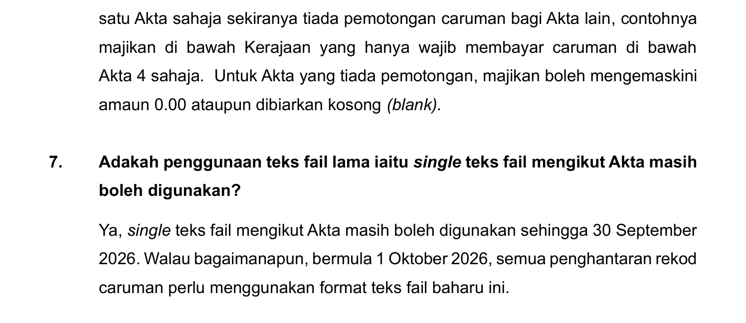 PERKESO FAQ page 2, question 7, in Malay: the question asks whether the old single-Act text file may still be used, and the answer states it may be used up to 30 September 2026, and that from 1 October 2026 all contribution record submissions must use the new text file format.