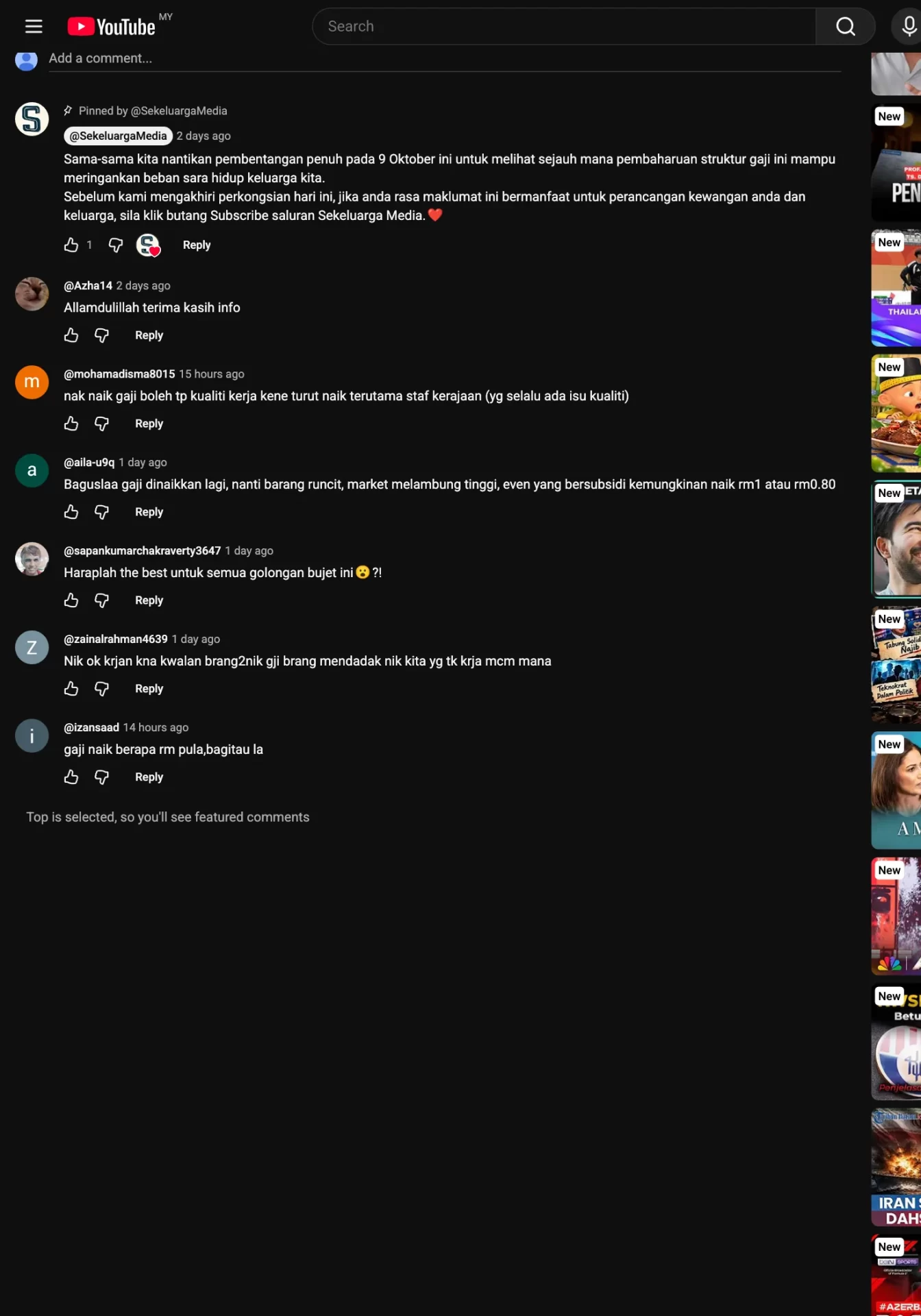 YouTube comments on Sekeluarga Media's Budget 2027 wage explainer, viewers weighing wage rises against living costs