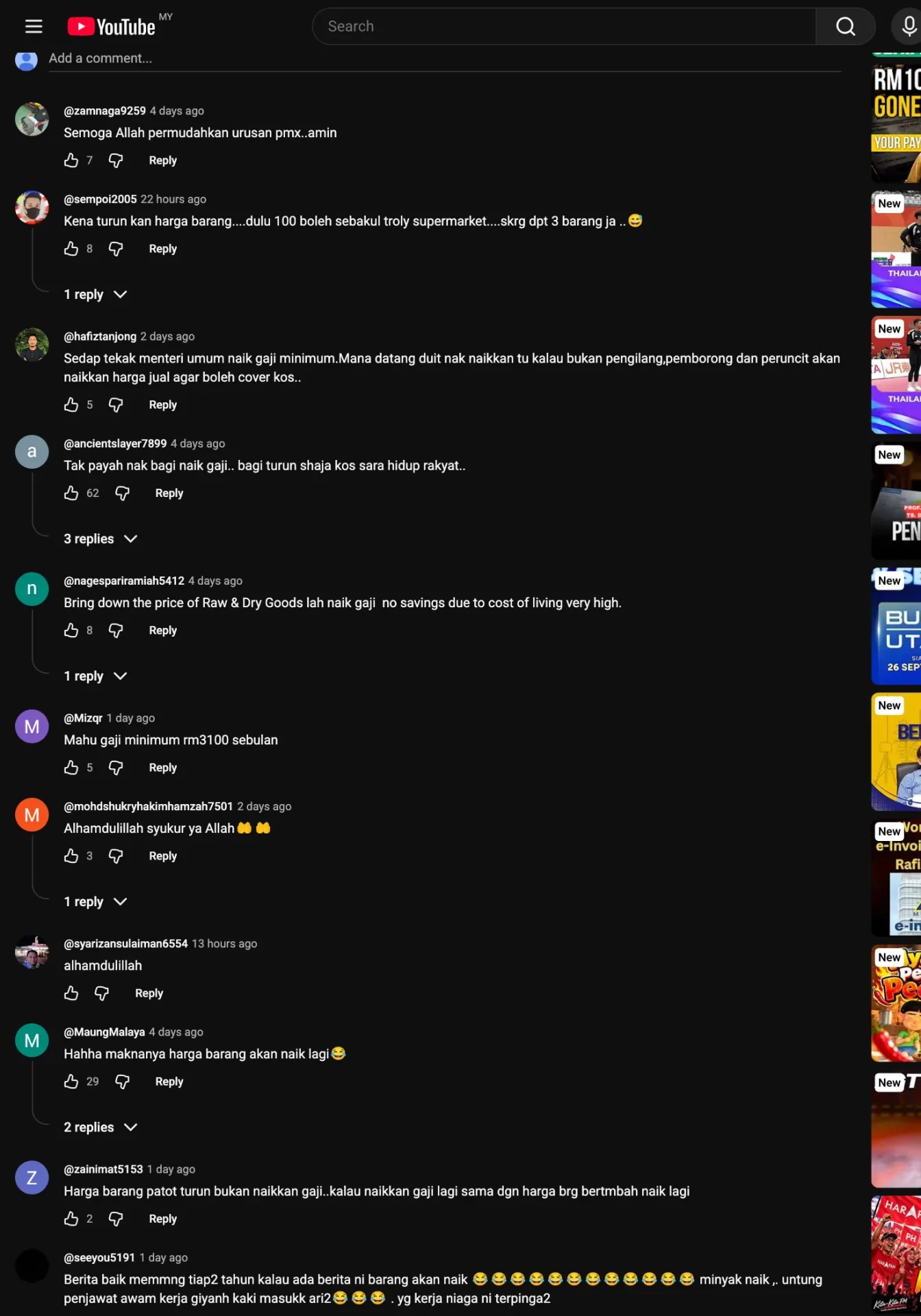 YouTube comments on Buletin TV3's Belanjawan 2027 wage report, top comment questioning wage rises versus cost of living