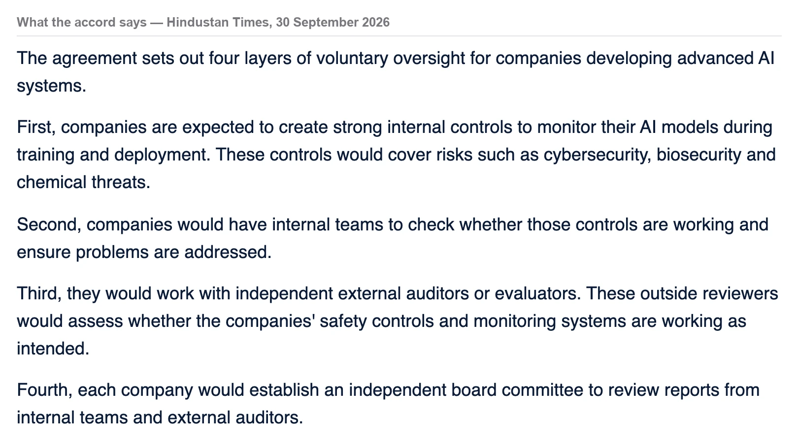 Text describing the four layers of voluntary oversight in the White House accord: internal controls, internal verification teams, independent external auditors and an independent board committee