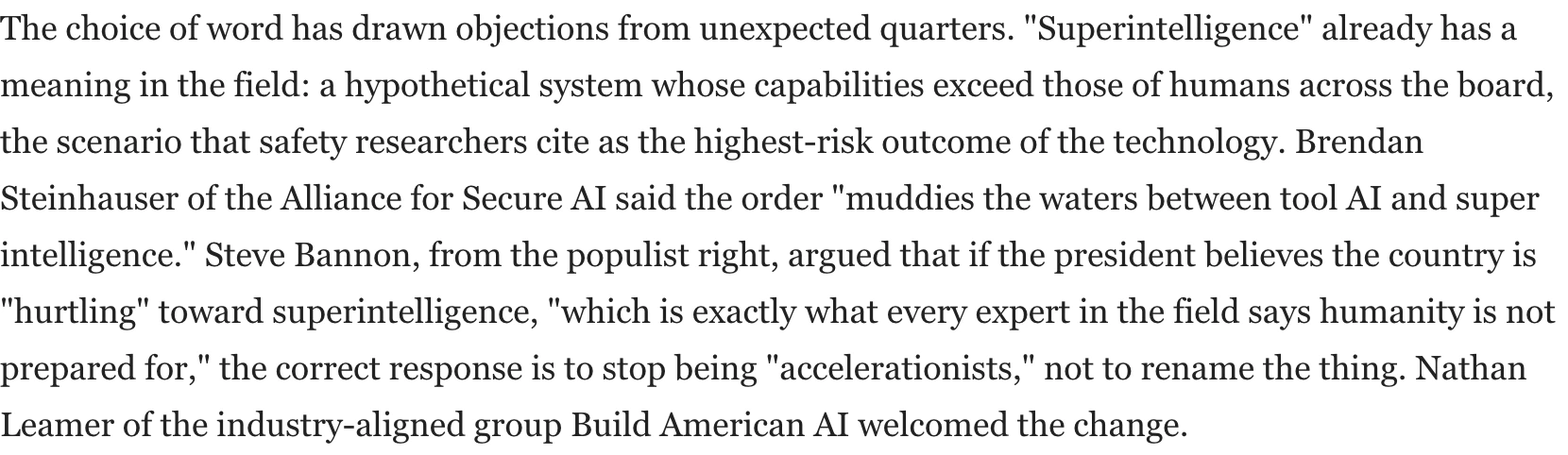Text recording objections to the renaming, including that the order muddies the waters between tool AI and super intelligence