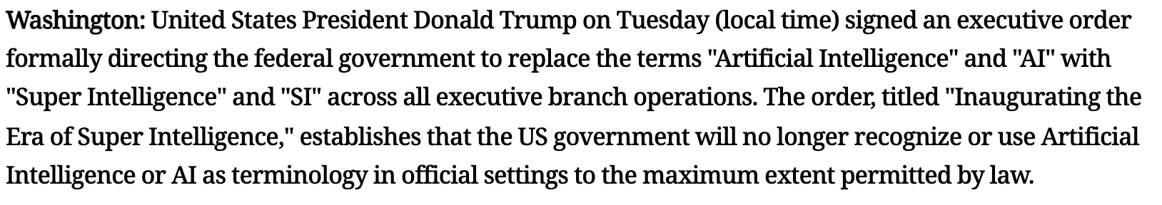 News text quoting the executive order: the US government will no longer recognise or use Artificial Intelligence or AI as terminology in official settings