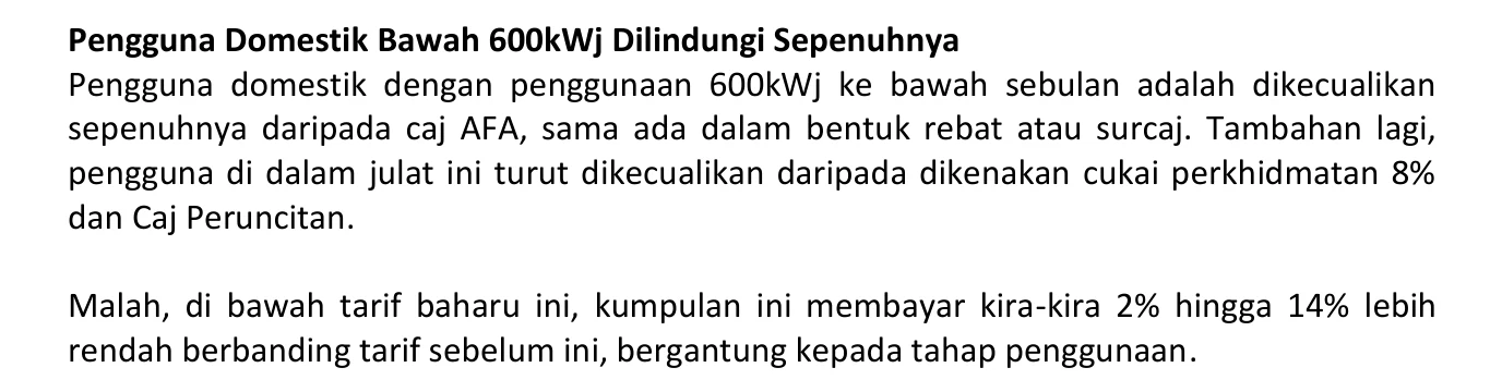 Extract from TNB press release S.A. 2026/09/15_23 stating that domestic customers using 600 kWh and below are exempt from AFA charges, the 8% service tax and the retail charge