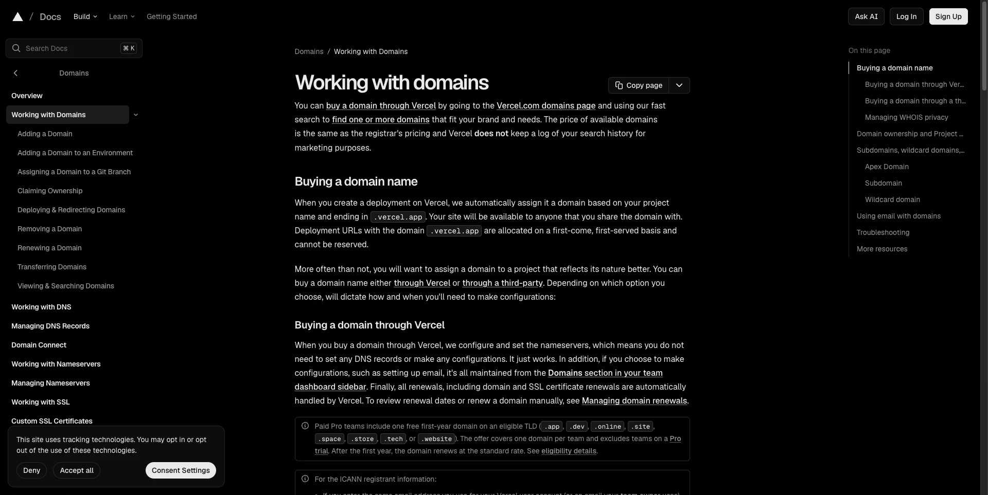 Vercel documentation page headed Working with domains, showing the paragraph that a deployment is automatically assigned a domain ending in .vercel.app, and the following paragraph stating those URLs are allocated on a first-come, first-served basis and cannot be reserved, plus a note that Pro teams get one free first-year domain on an eligible TLD