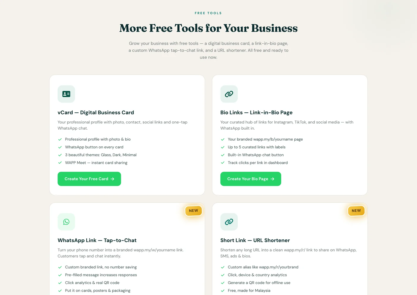 WAPP.MY free tools section on its own website listing four free products: the vCard digital business card with a professional profile photo and bio, three themes and WAPP Meet instant card sharing; a bio links page; a custom WhatsApp tap-to-chat link; and a URL shortener