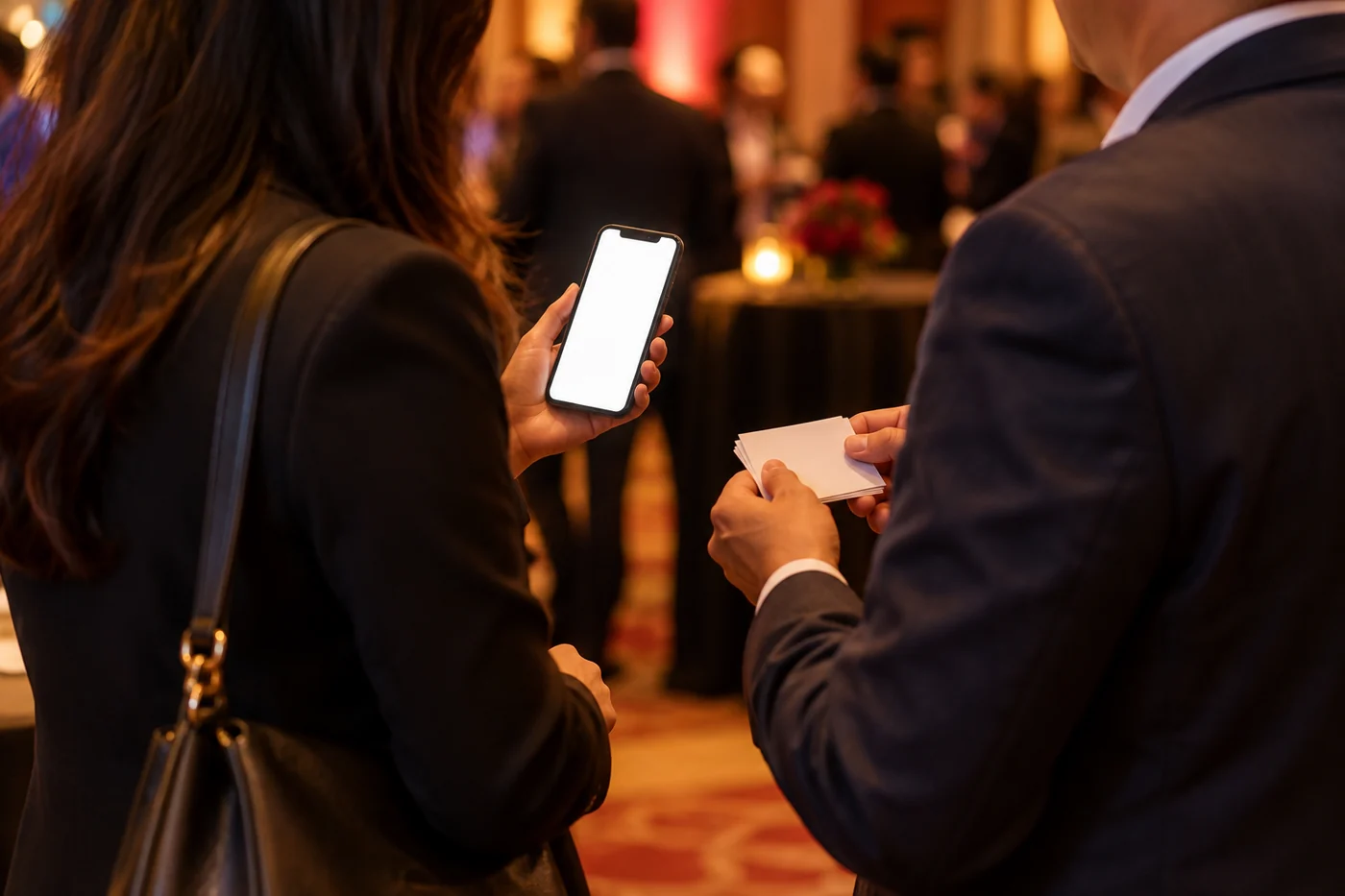 Two attendees at a business event photographed from behind, one holding up a phone with a bright screen and the other holding a small stack of printed business cards, with warm out-of-focus event lights behind them