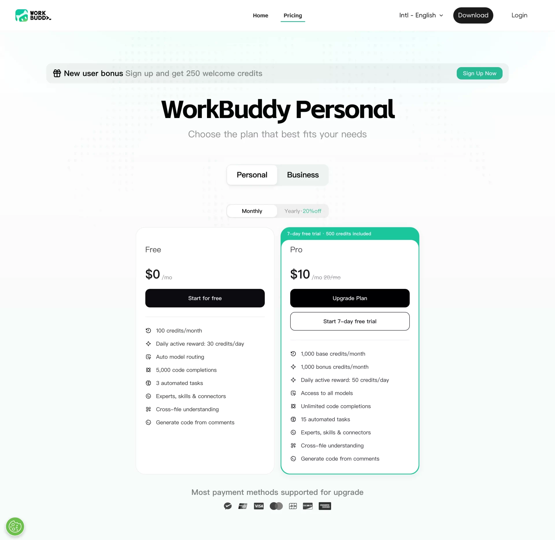 WorkBuddy 国际版定价页:免费版与 Pro