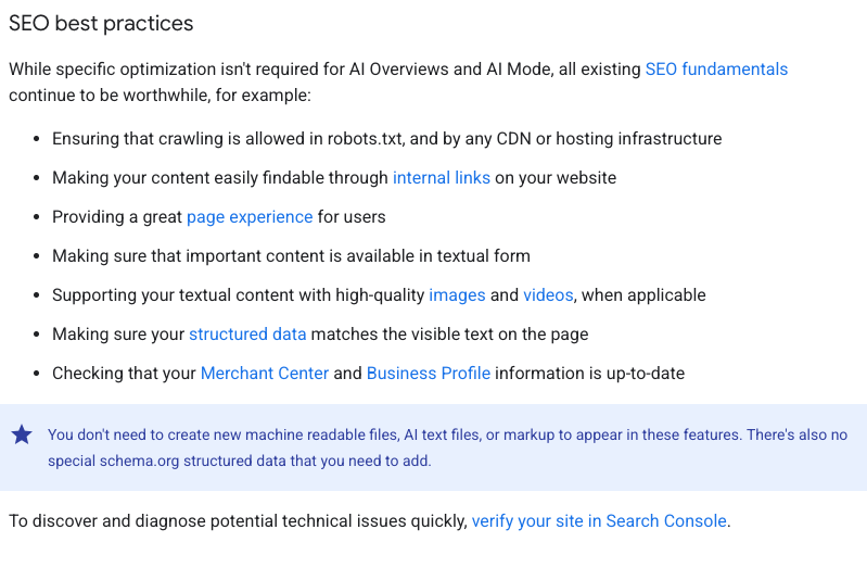 Screenshot of the SEO best practices section of Google's AI features documentation, listing crawling, internal links, page experience, textual content, images, structured data and Merchant Centre items