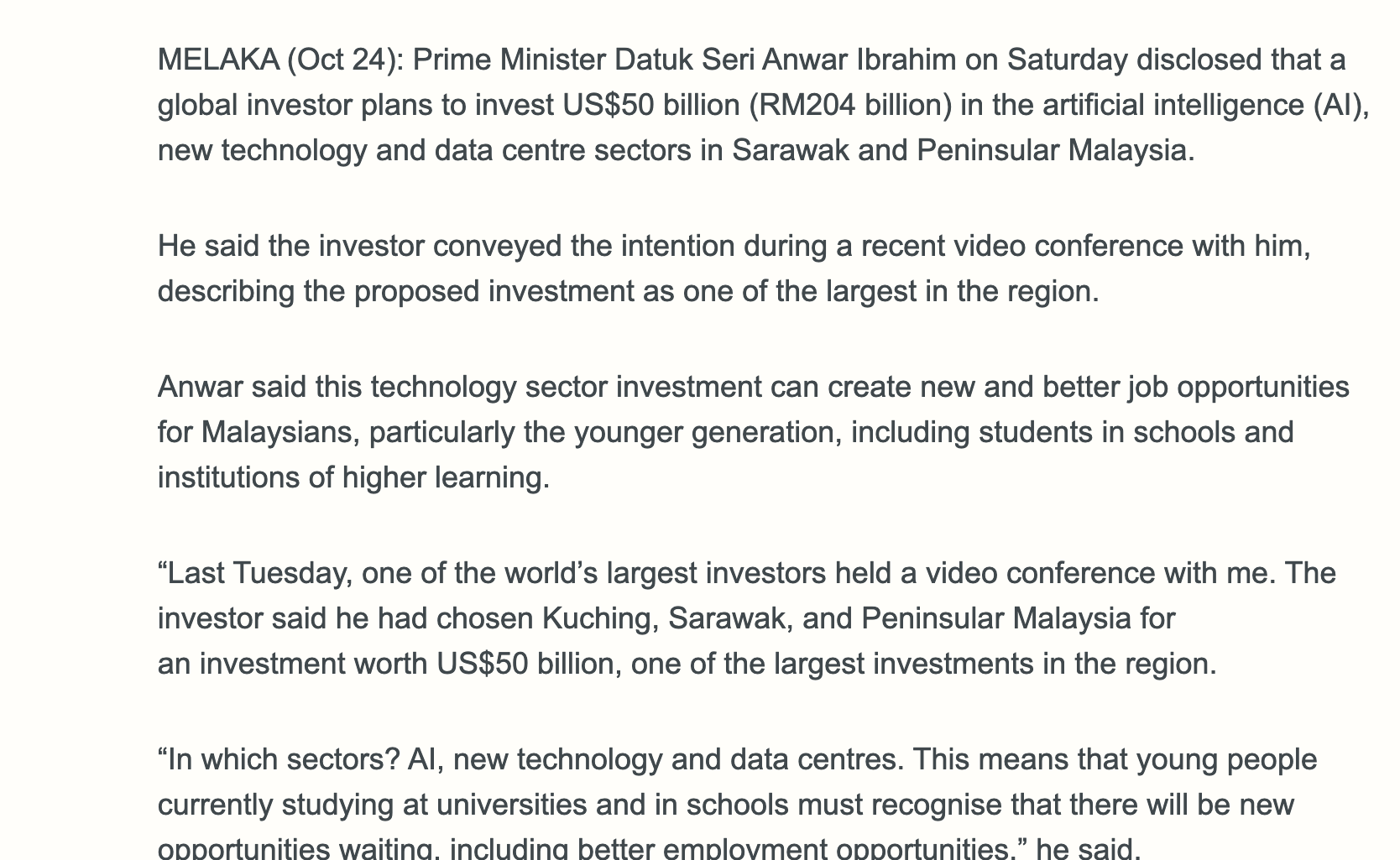 The Edge Malaysia report of 24 October 2026 with the first paragraph converting the investment to about RM204 billion and naming Sarawak and Peninsular Malaysia