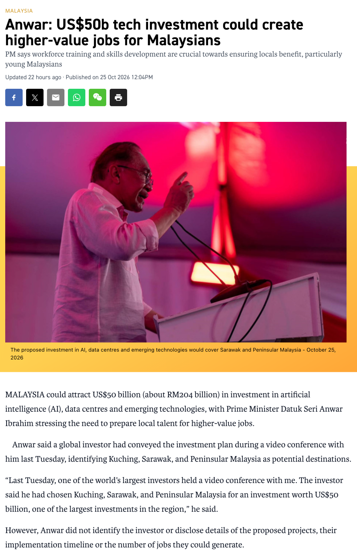 The Vibes report of 25 October 2026 carrying the Prime Minister's statement on the investment in AI, new technology and data centres, with the publication date visible