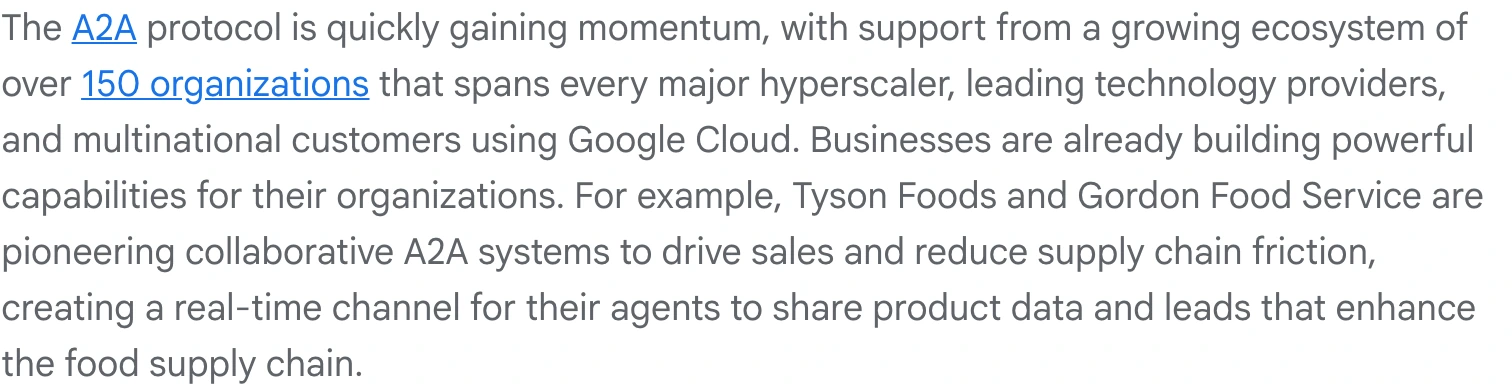 Google Cloud blog stating that the A2A protocol has support from an ecosystem of over 150 organizations spanning every major hyperscaler