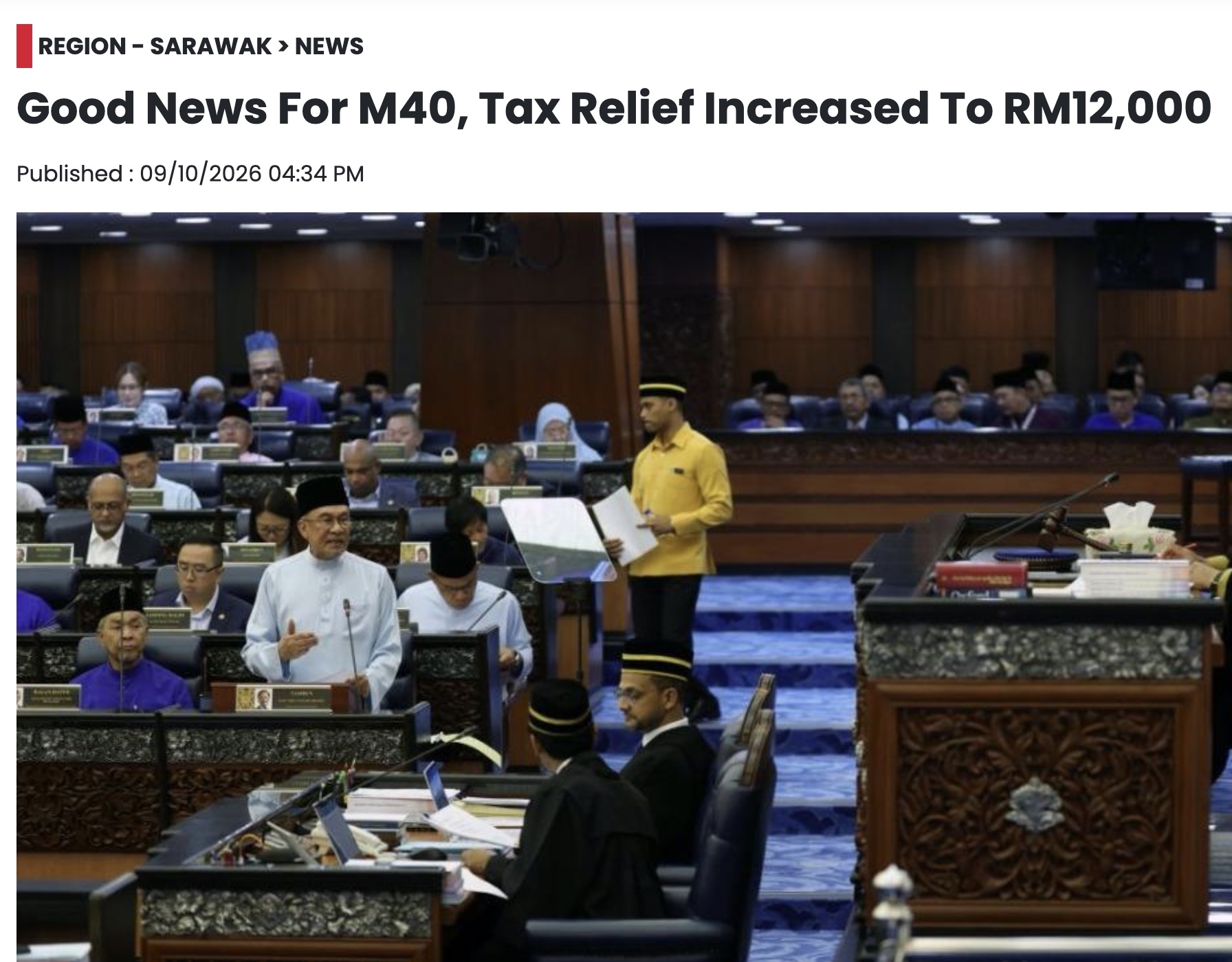 Anwar Ibrahim reading the Budget 2027 speech from the floor of the Dewan Rakyat on 9 October 2026. Source: Bernama.