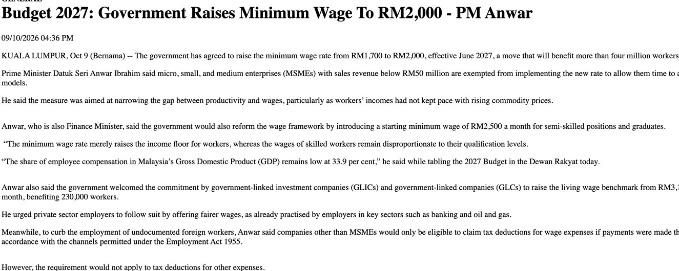 The full Bernama report on the RM2,000 minimum wage, showing the exact wording of the MSME exemption. Source: Bernama.