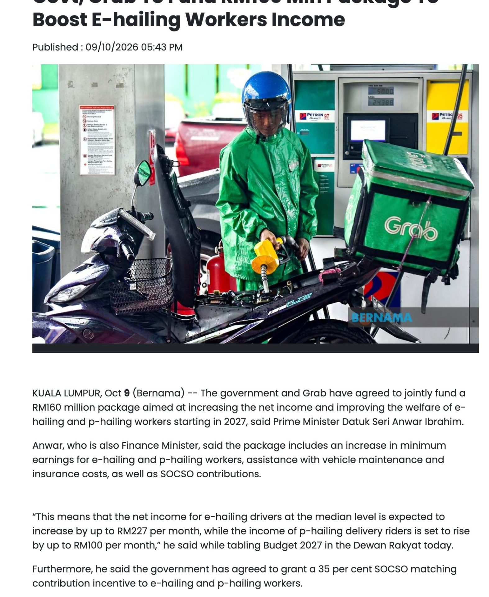 Bernama report on Budget 2027 showing the RM160 million gig worker package, the RM227 and RM100 monthly income rises, and the 35 per cent SOCSO matching contribution
