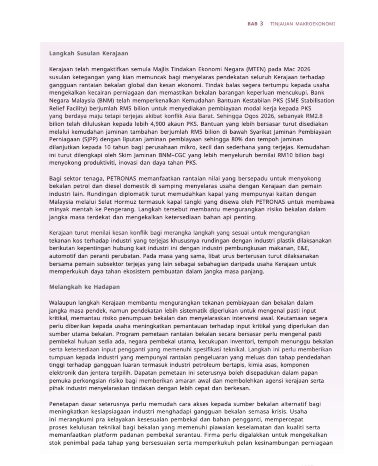Page 99 of the Ministry of Finance Economic Outlook 2027, the Langkah Susulan Kerajaan section naming the RM5 billion BNM SME Stabilisation Relief Facility, the RM5 billion SJPP guarantee and the RM10 billion BNM-CGC scheme