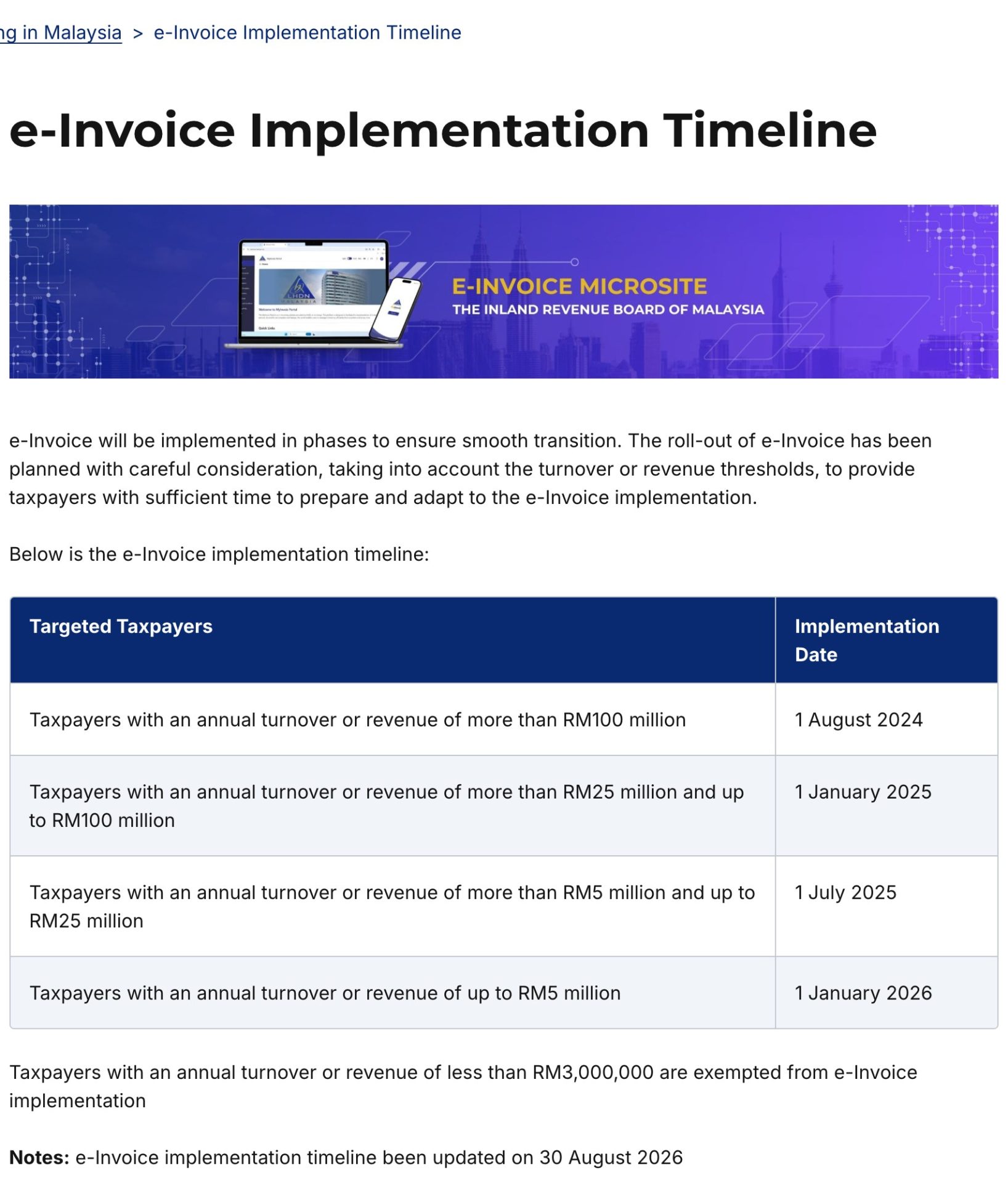 The Inland Revenue Board e-invoice implementation timeline table, with the line exempting taxpayers with annual turnover or revenue below RM3,000,000