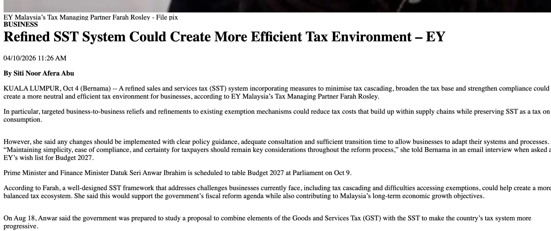 Bernama report, showing the passage containing "tax cascading"