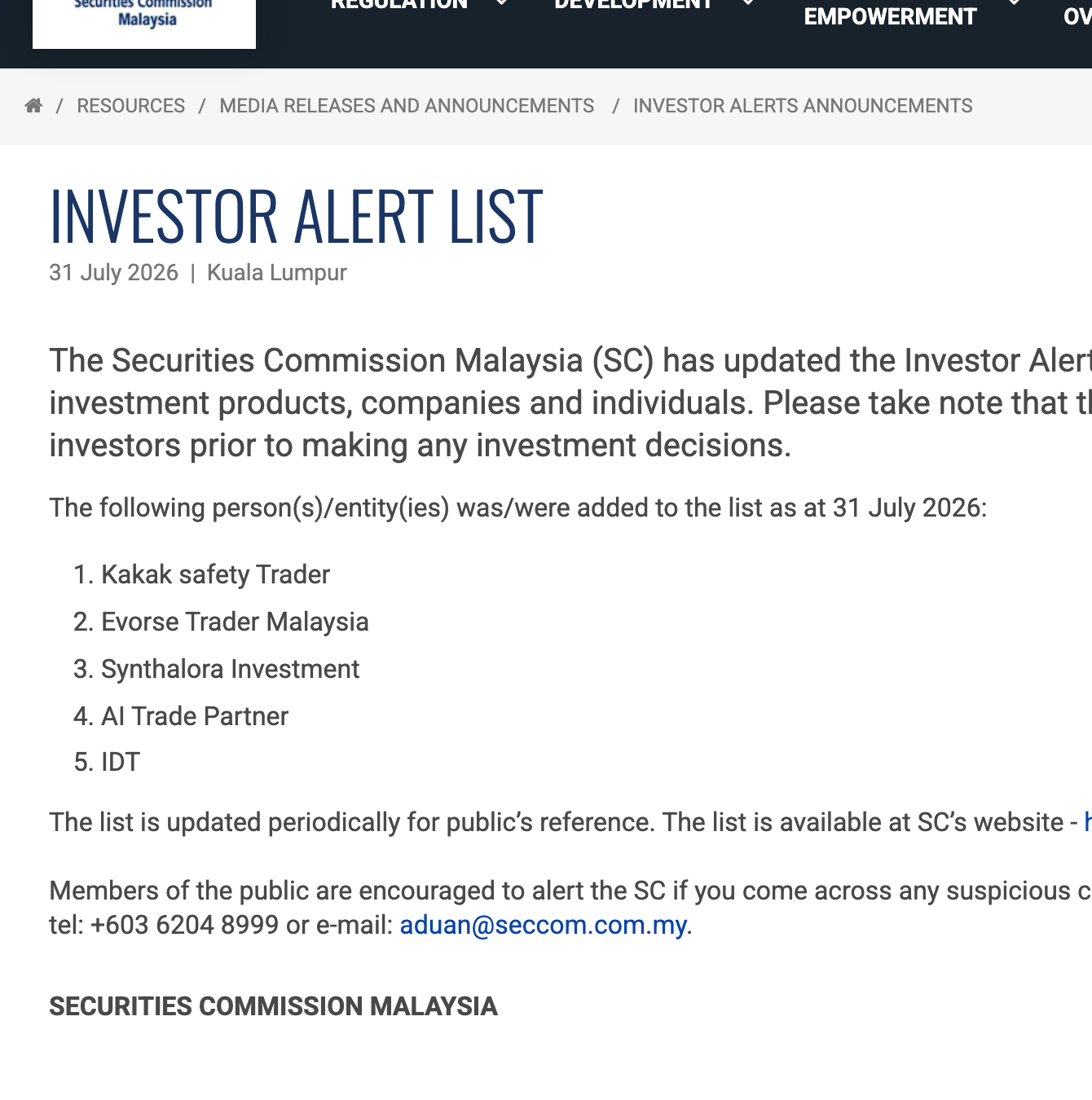 The Securities Commission Malaysia Investor Alert List as at 31 July 2026, listing five entities added in that update