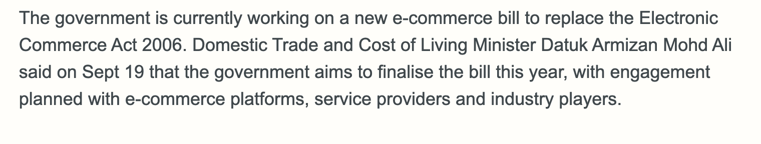 The Edge Malaysia paragraph stating the government is working on a new e-commerce bill to replace the Electronic Commerce Act 2006