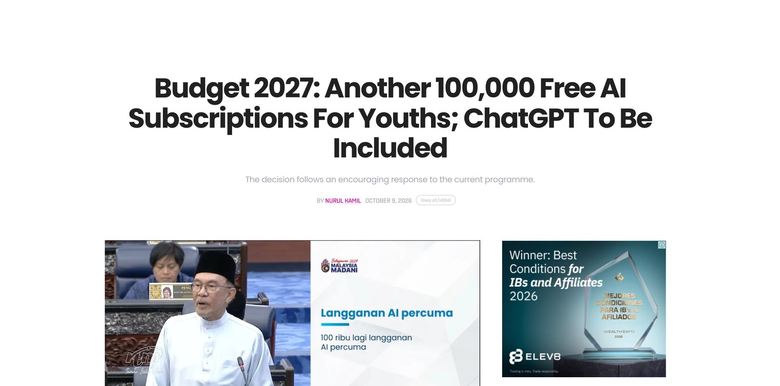 A news report headline reading Budget 2027: Another 100,000 Free AI Subscriptions For Youths, with body text explaining that Malaysians aged 18 to 30 complete AI courses on the Rakyat Digital portal to receive three months of access