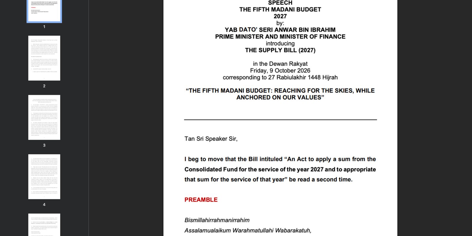The official Budget 2027 speech document, headed SPEECH THE FIFTH MADANI BUDGET 2027 by YAB Dato' Seri Anwar Ibrahim, Prime Minister and Minister of Finance, introducing the Supply Bill 2027 in the Dewan Rakyat on Friday 9 October 2026