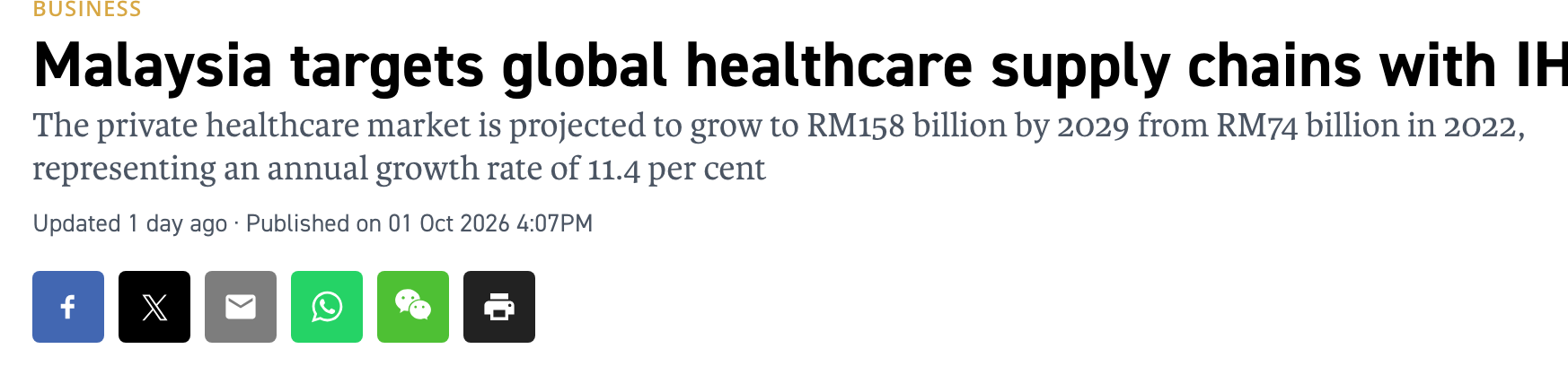 The Vibes paragraph giving the market size behind the story: Malaysia's private healthcare market projected to grow to RM158 billion by 2029 from RM74 billion in 2022