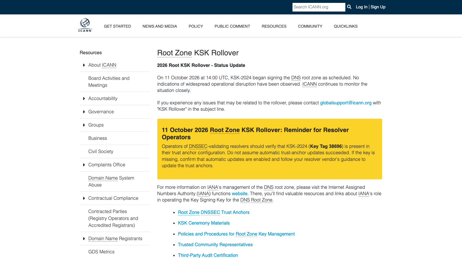 ICANN Root Zone KSK Rollover status page showing KSK-2024 key tag 38696 and the 11 October 2026 reminder for resolver operators
