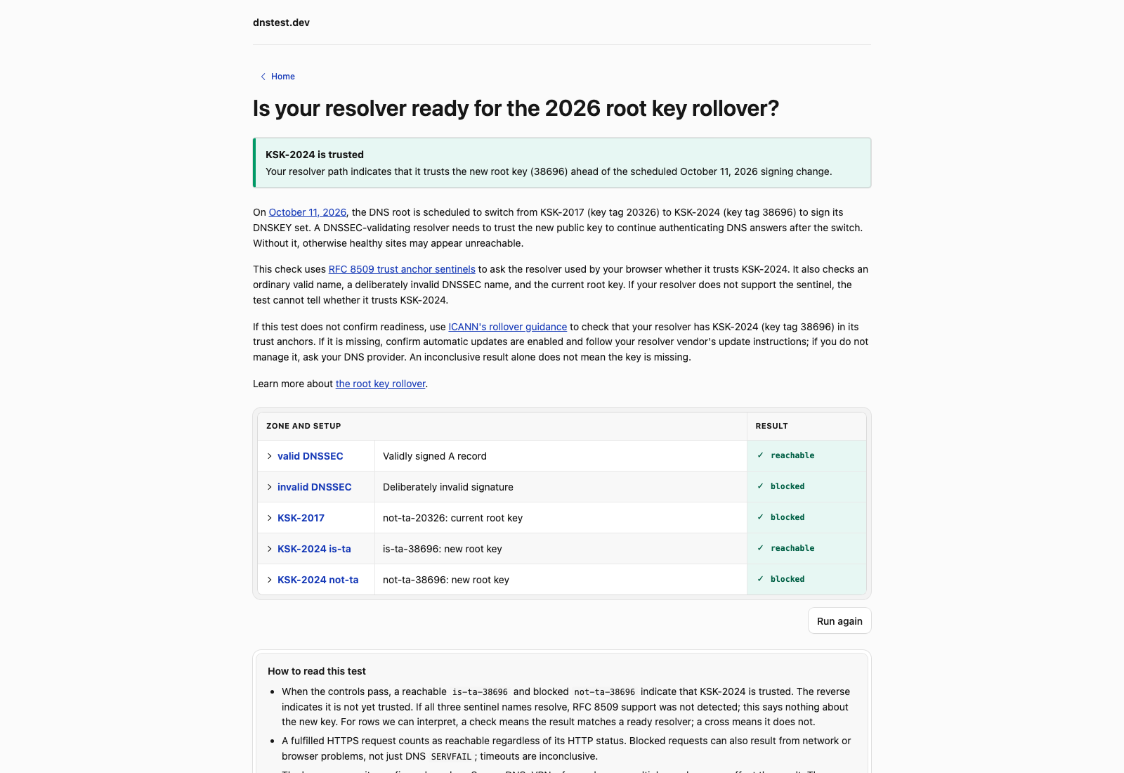 Resolvers test result page showing KSK-2024 is trusted, with is-ta-38696 reachable and not-ta-38696 blocked